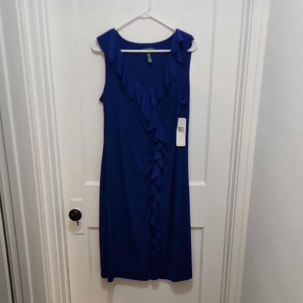 NWT Lauren Ralph Lauren Royal Blue Front Ruffled Dress Size 14